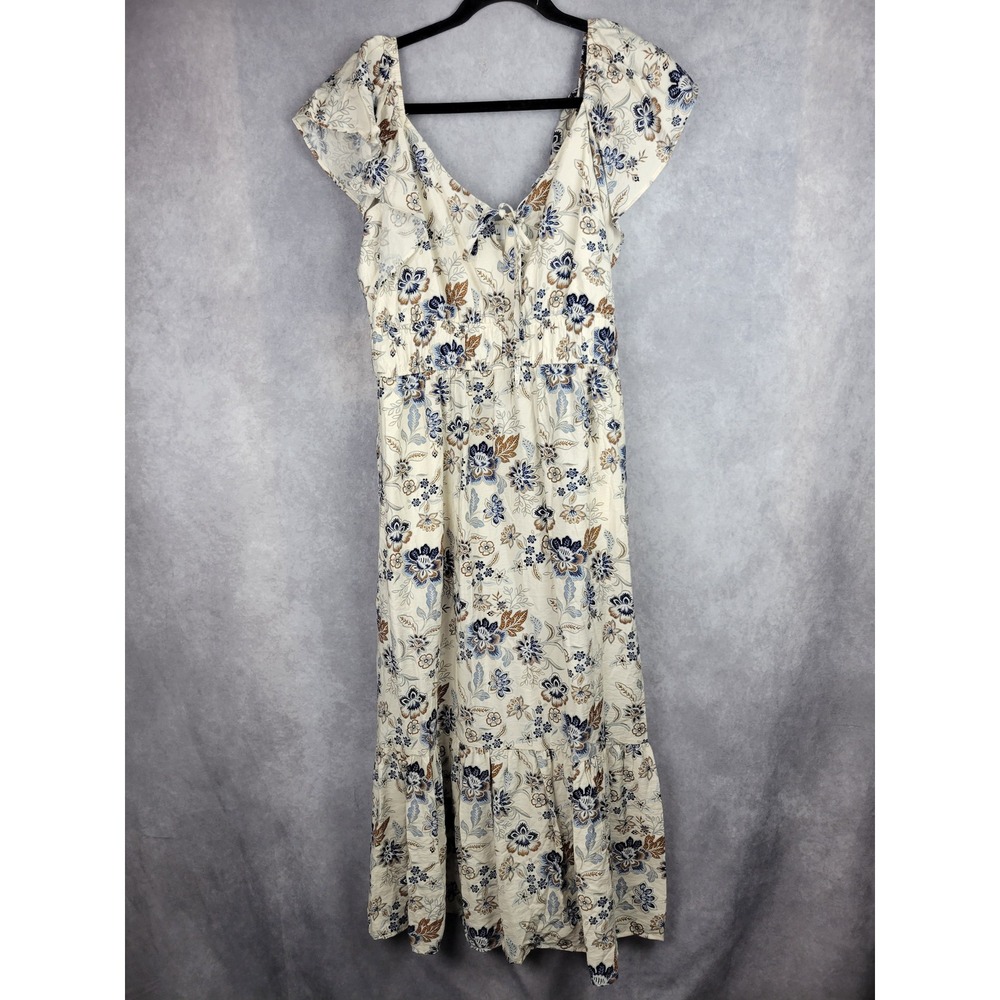 Tahari Arthur S Levine Floral Maxi Dress Tie Neck Flutter Sleeve Cream Blue XL